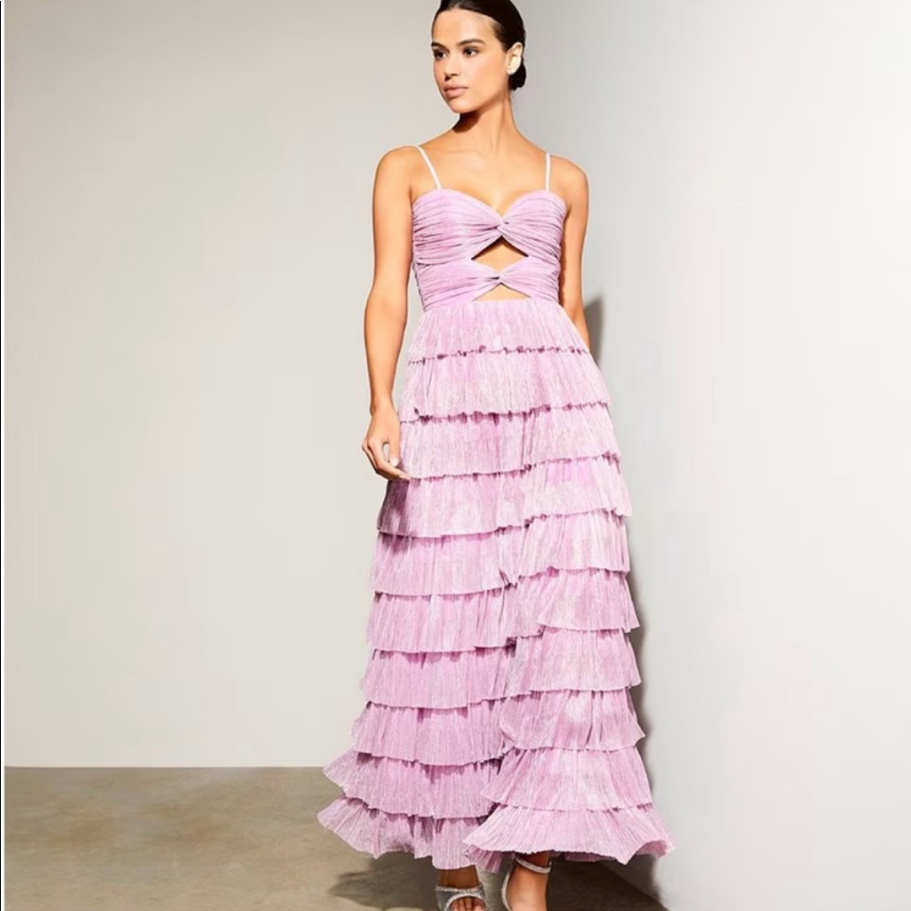 Gianni Bini Grace Metallic Plisse Sweetheart Neck Cut-Out Tiered Dress -